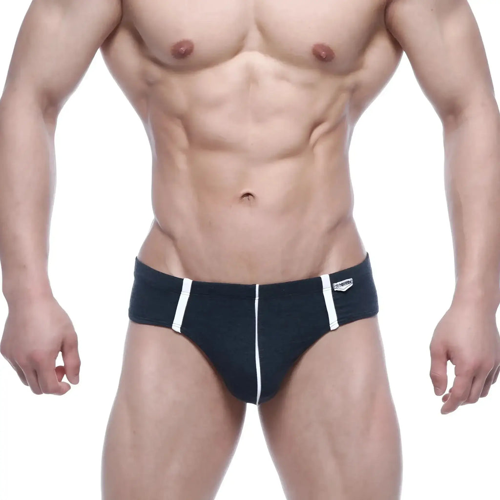 MetroMalewear oslo thong charcoal 5102-11 black briefs with white side stripes and logo on waistband front view