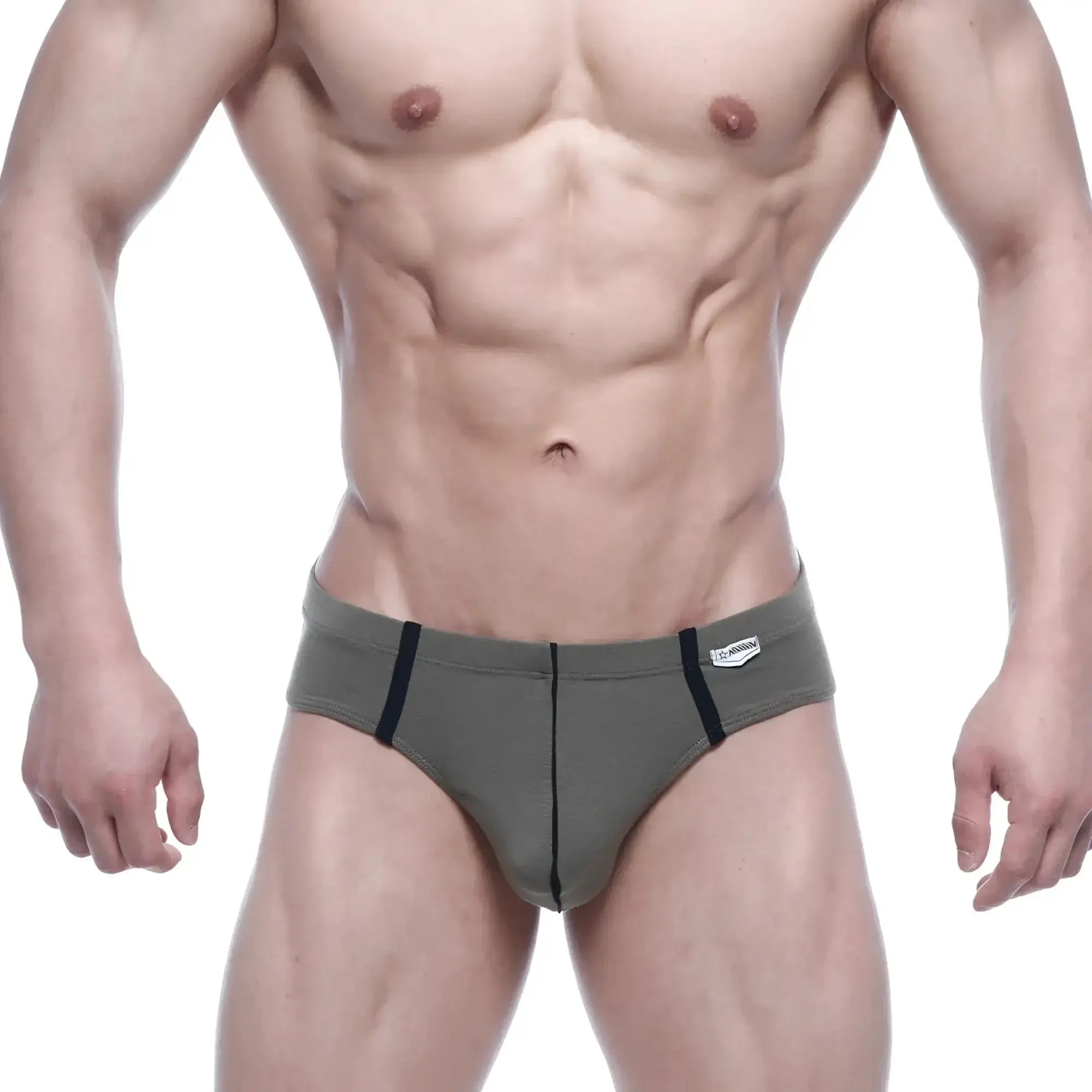 MetroMalewear oslo thong green 5102-26 olive green briefs with black side stripes and white brand tag on waistband