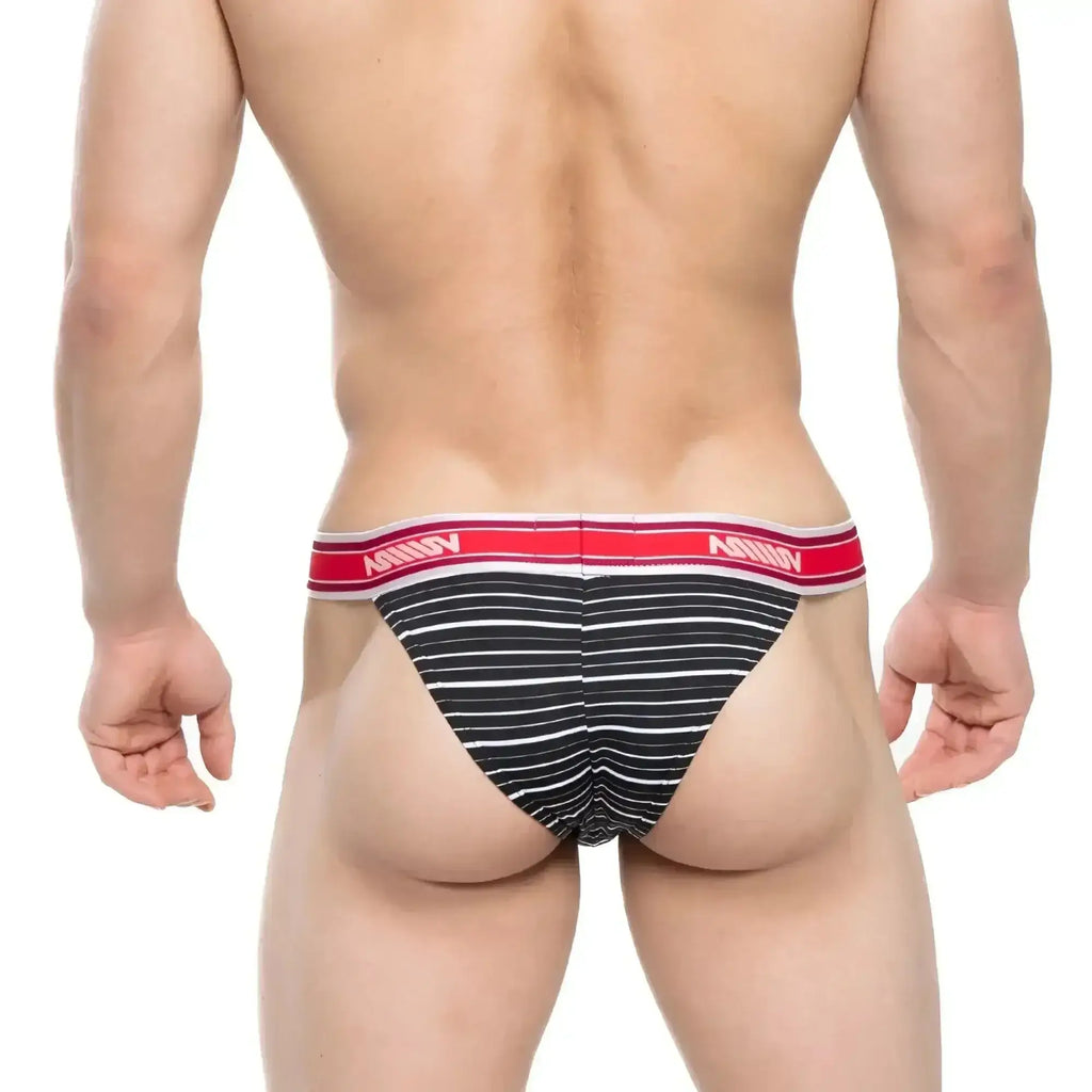 Black and white striped mens briefs with a red amin waistband from metromalewear ostion bikini stripe 3005-40