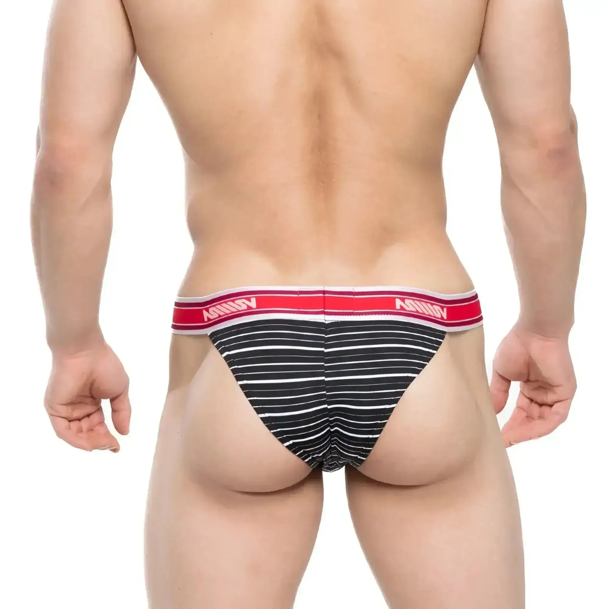 Black and white striped mens briefs with a red amin waistband from metromalewear ostion bikini stripe 3005-40