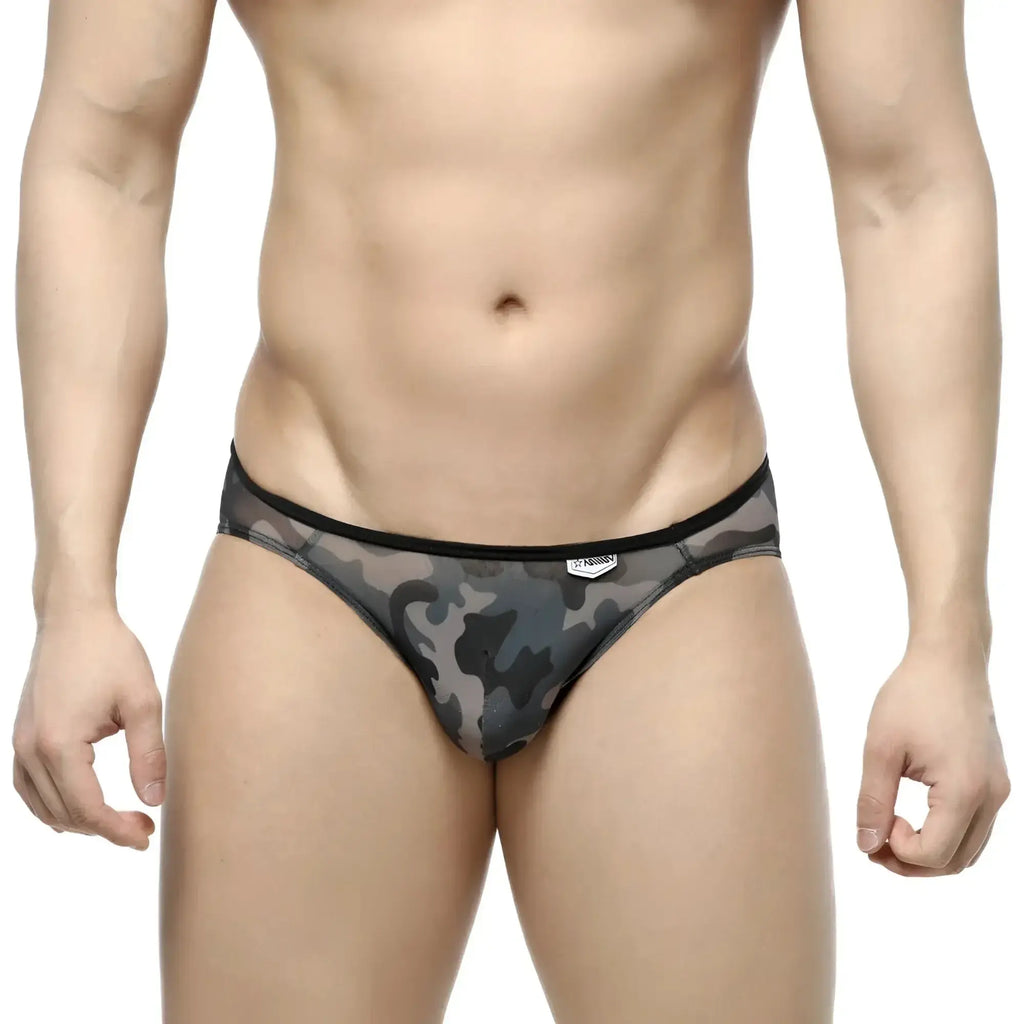 Metro male wear over-limit bikini gray mesh briefs in black and gray camouflage with solid black waistband