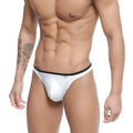 MetroMaleWear Over-Limit white men’s thong with glossy fabric black elastic waistband and small front logo