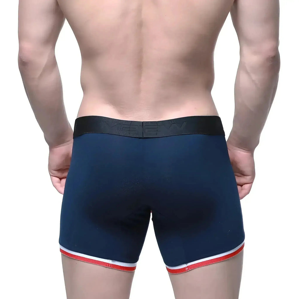Navy blue metro malewear oviedo short boxer briefs with black waistband and red and white leg trim 7 inch inseam
