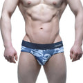 Blue and white wave-patterned mens briefs with dark blue elastic waistband featuring miiuv logo.