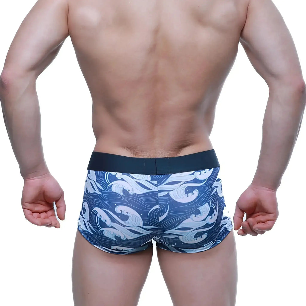 MetroMaleWear Pado Short Boxer 2026-64 blue and white wave patterned men’s boxer briefs with black elastic waistband