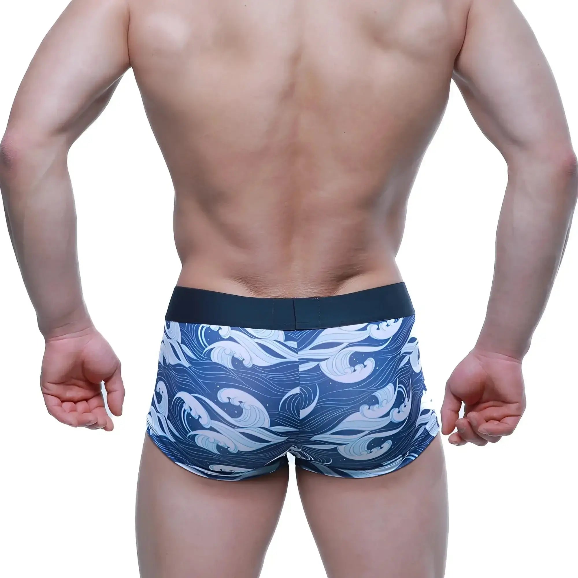 MetroMaleWear Pado Short Boxer 2026-64 blue and white wave patterned men’s boxer briefs with black elastic waistband