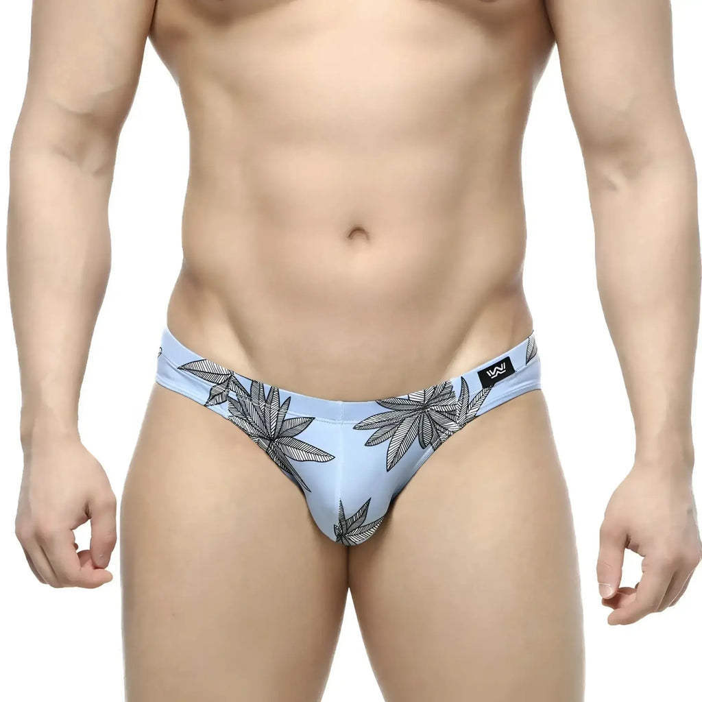 Light blue MetroMaleWear Palma Bikini 5103-49 briefs with black leaf pattern and small logo on waistband