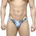Light blue MetroMaleWear Palma Bikini 5103-49 briefs with black leaf pattern and small logo on waistband
