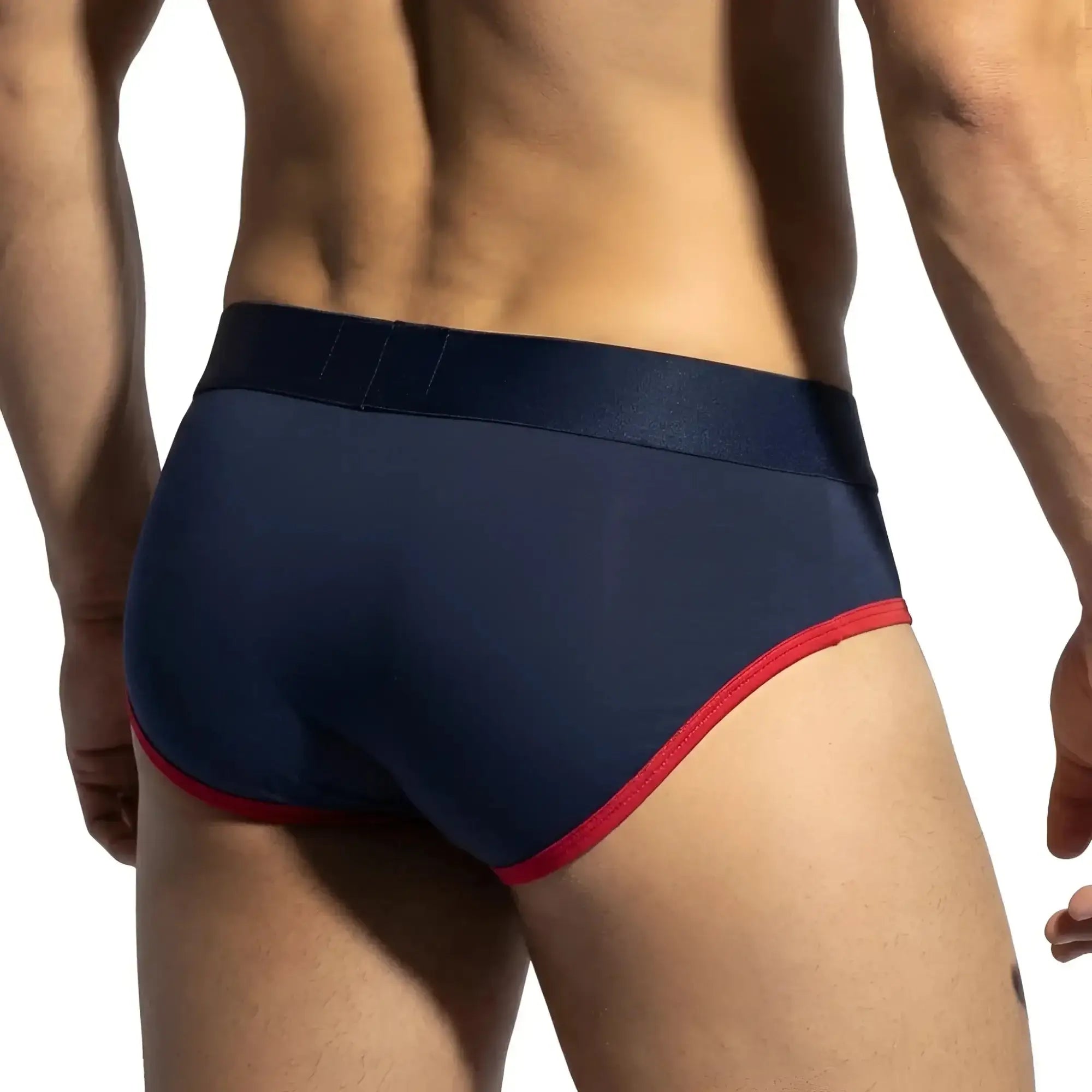 Navy blue MetroMaleWear panel bikini briefs with red trim and smooth stretchy fabric waistband