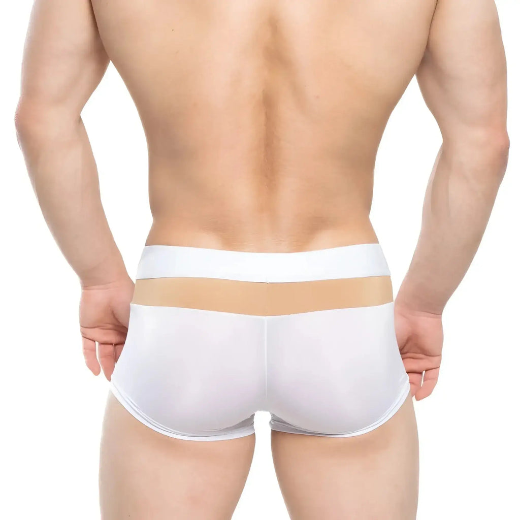 MetroMaleWear Parisienne short boxer white translucent briefs with beige horizontal stripe on waistband front view