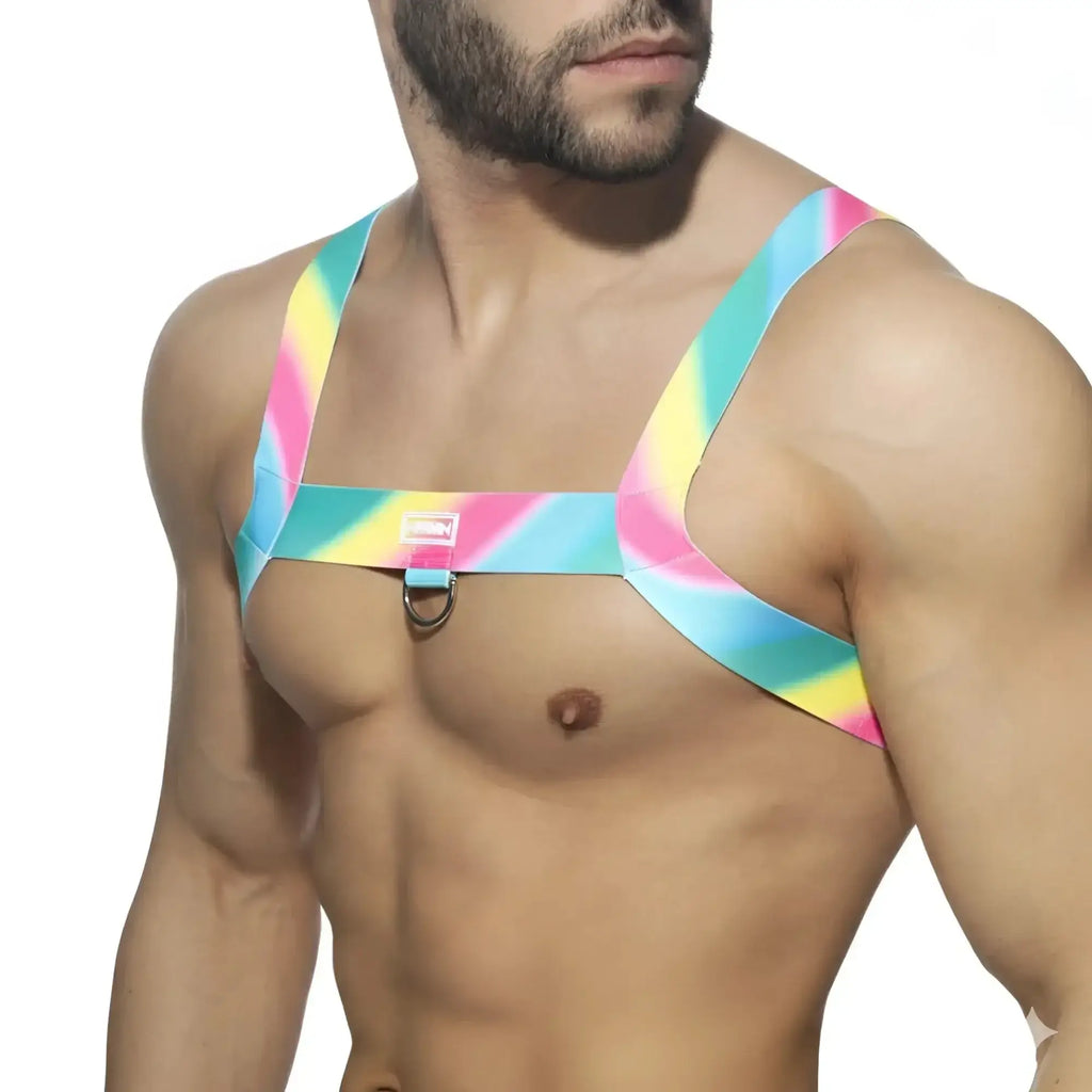MetroMalewear pastel harness 1400-50 vibrant rainbow-striped adjustable straps with central metal ring