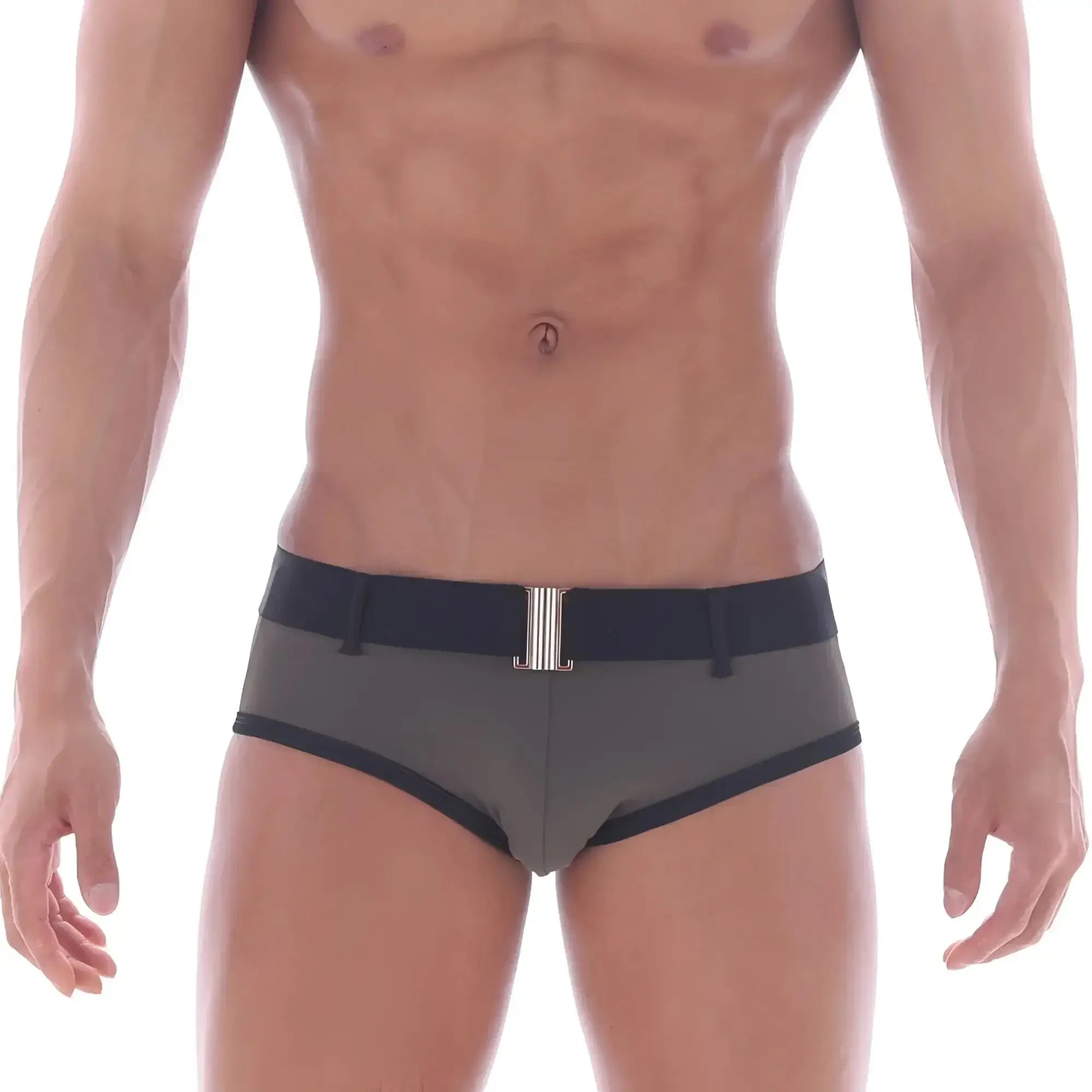 Gray MetroMaleWear Patagonia swim brief in khaki with black trim and silver belt buckle for swimming and beachwear