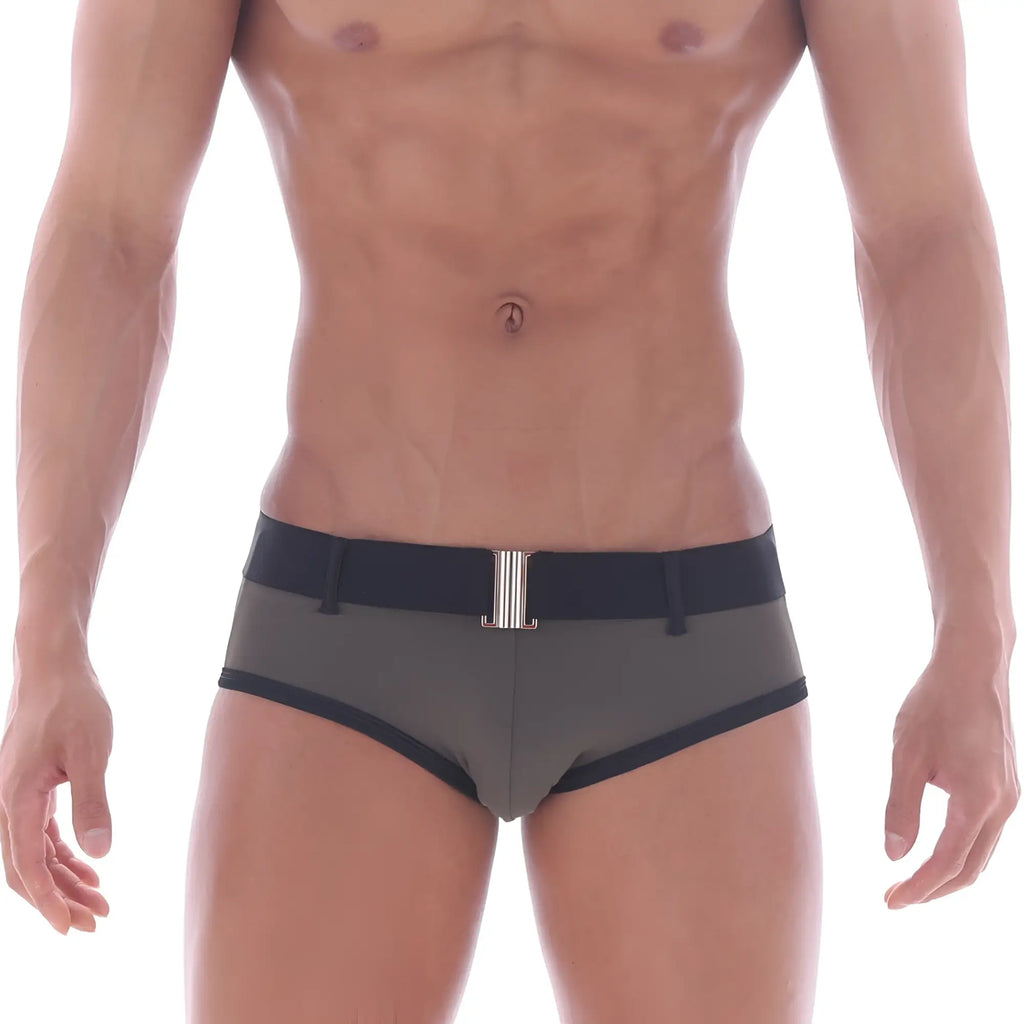Gray MetroMaleWear Patagonia swim brief in khaki with black trim and silver belt buckle for swimming and beachwear