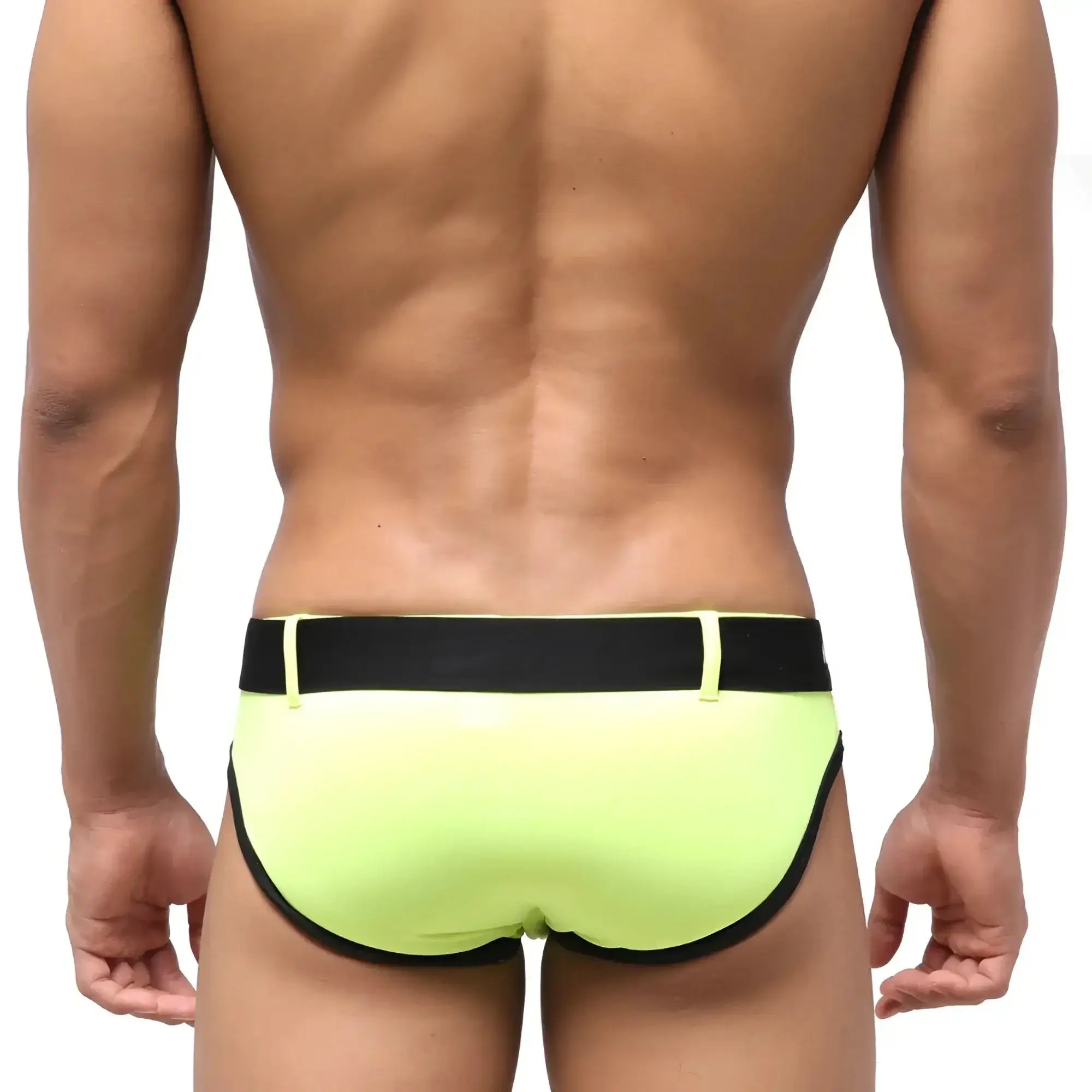 Neon green swim trunks with black elastic waistband and trim by MetroMaleWear Patagonia for swimming and beachwear