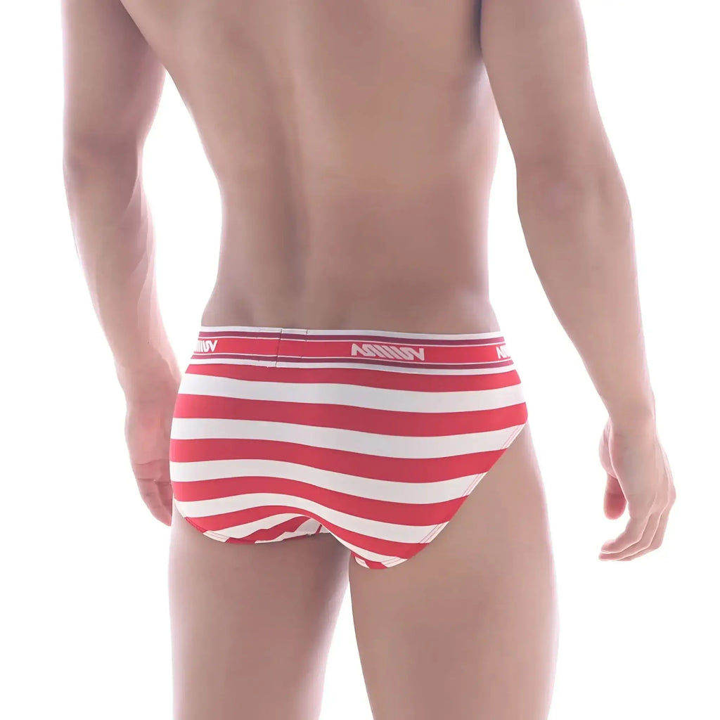 Red and white striped metroMalewear patriot hip brief 5003-91 with branded waistband for men’s comfort and style