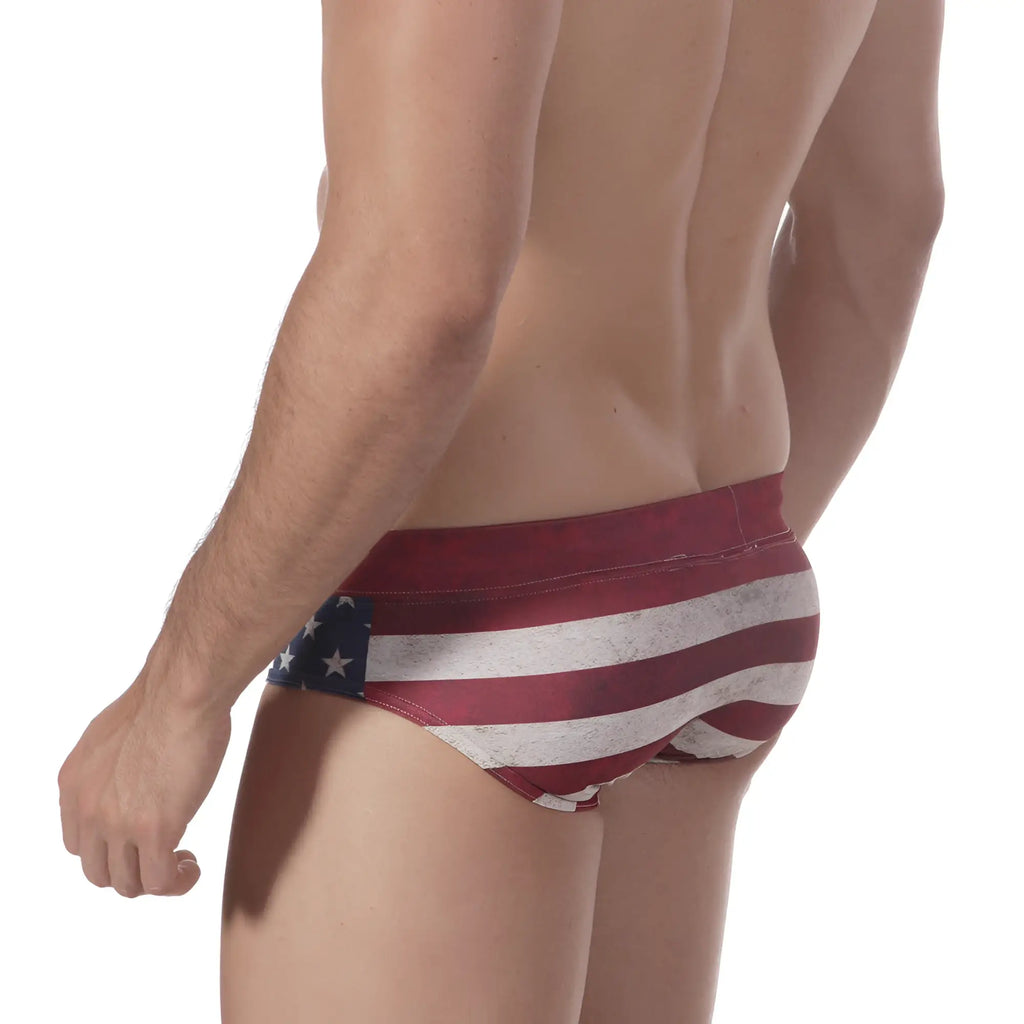 MetroMalewear patriot swim brief 4916-90 vintage american flag themed red white and blue swim trunks with distressed look