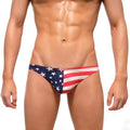 MetroMaleWear patriot thong 2302-94 men’s swim trunks in red white and blue star and stripe design front view