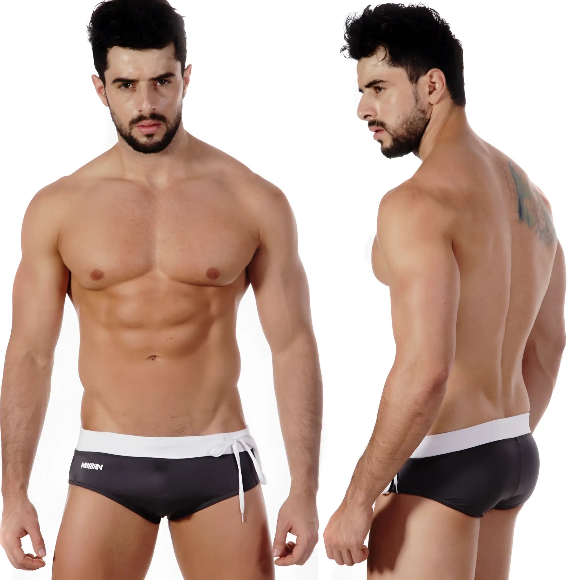 MetroMaleWear Pearl swim brief 4910-11 black swim trunks with white waistband and drawstring featuring brand logo