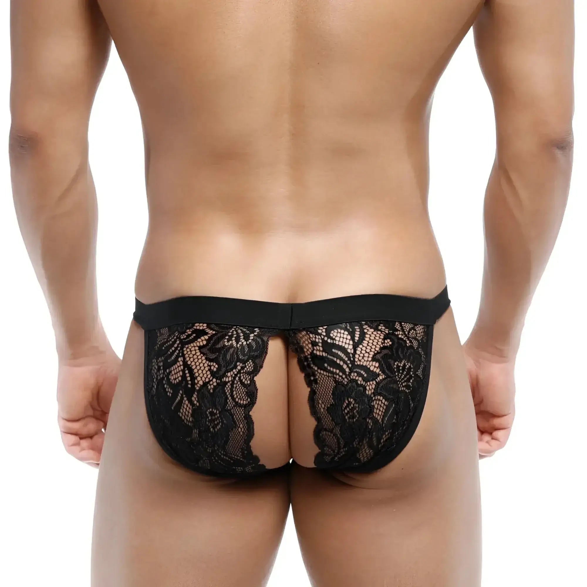 MetroMaleWear peek-a-boo bikini black lace thong with intricate floral patterns and solid elastic waistband front view