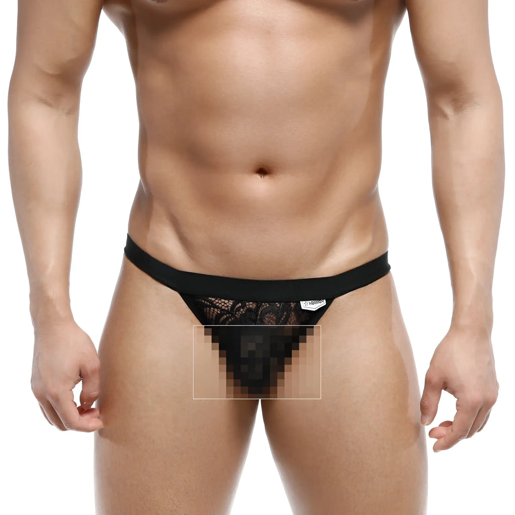 Black lace thong with solid black waistband metro malewear peek-a-boo bikini black 1204-20 front view