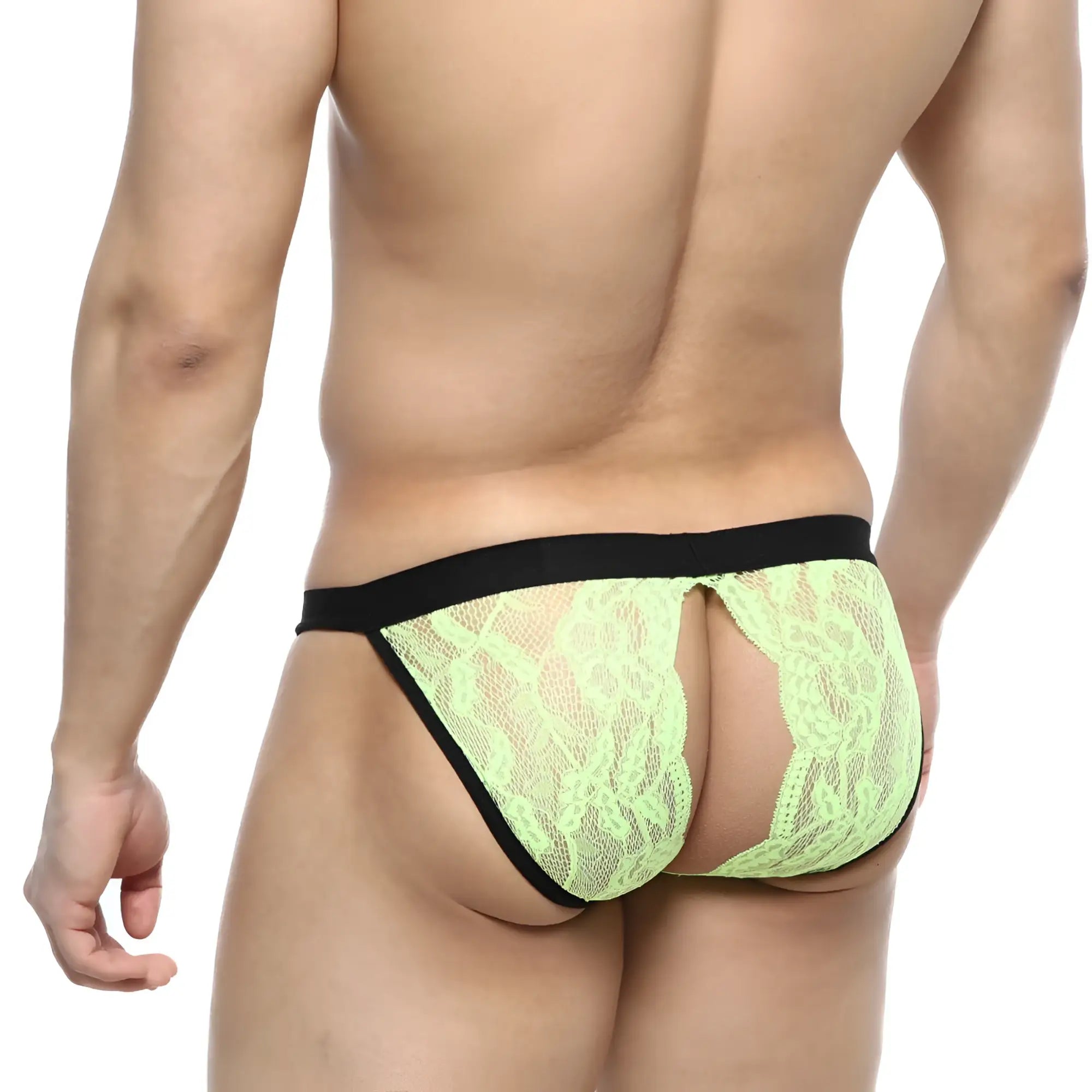 MetroMaleWear Peek-A-Boo bikini green lime lace thong with black elastic waistband front view