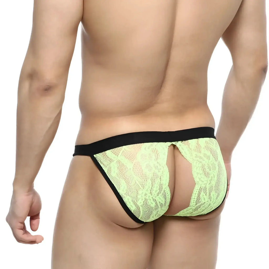 MetroMaleWear Peek-A-Boo bikini green lime lace thong with black elastic waistband front view