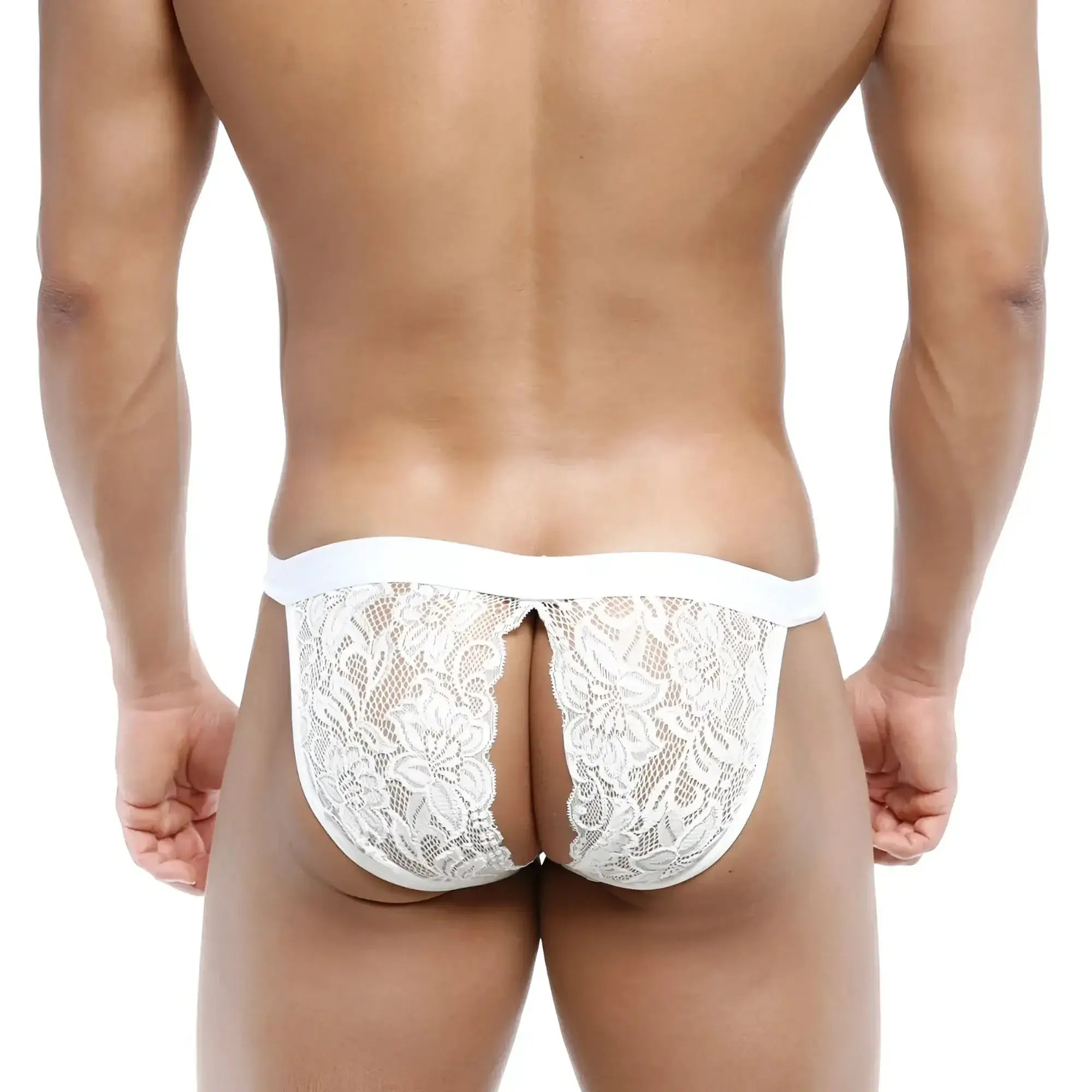 White lace thong with floral pattern and solid white waistband from metromalewear peek-a-boo bikini ivory 1204-00