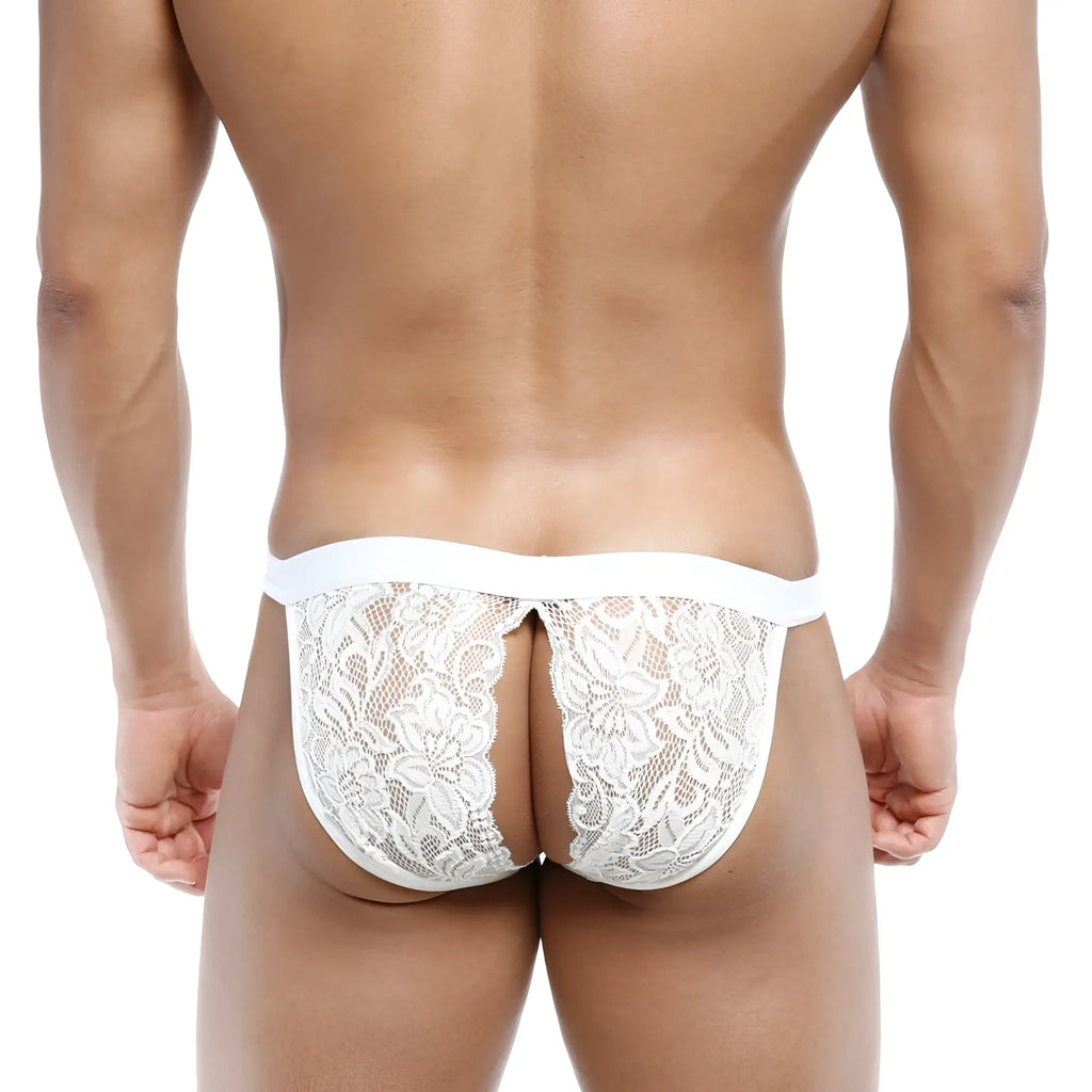 White lace thong with floral pattern and solid white waistband from metromalewear peek-a-boo bikini ivory 1204-00