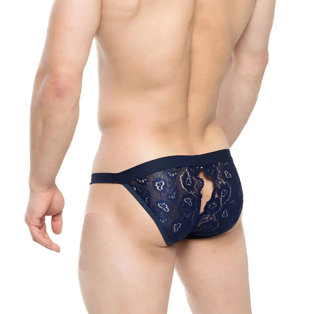 Navymale wear peek-a-boo bikini navy lace thong with intricate paisley pattern and central cutout detail