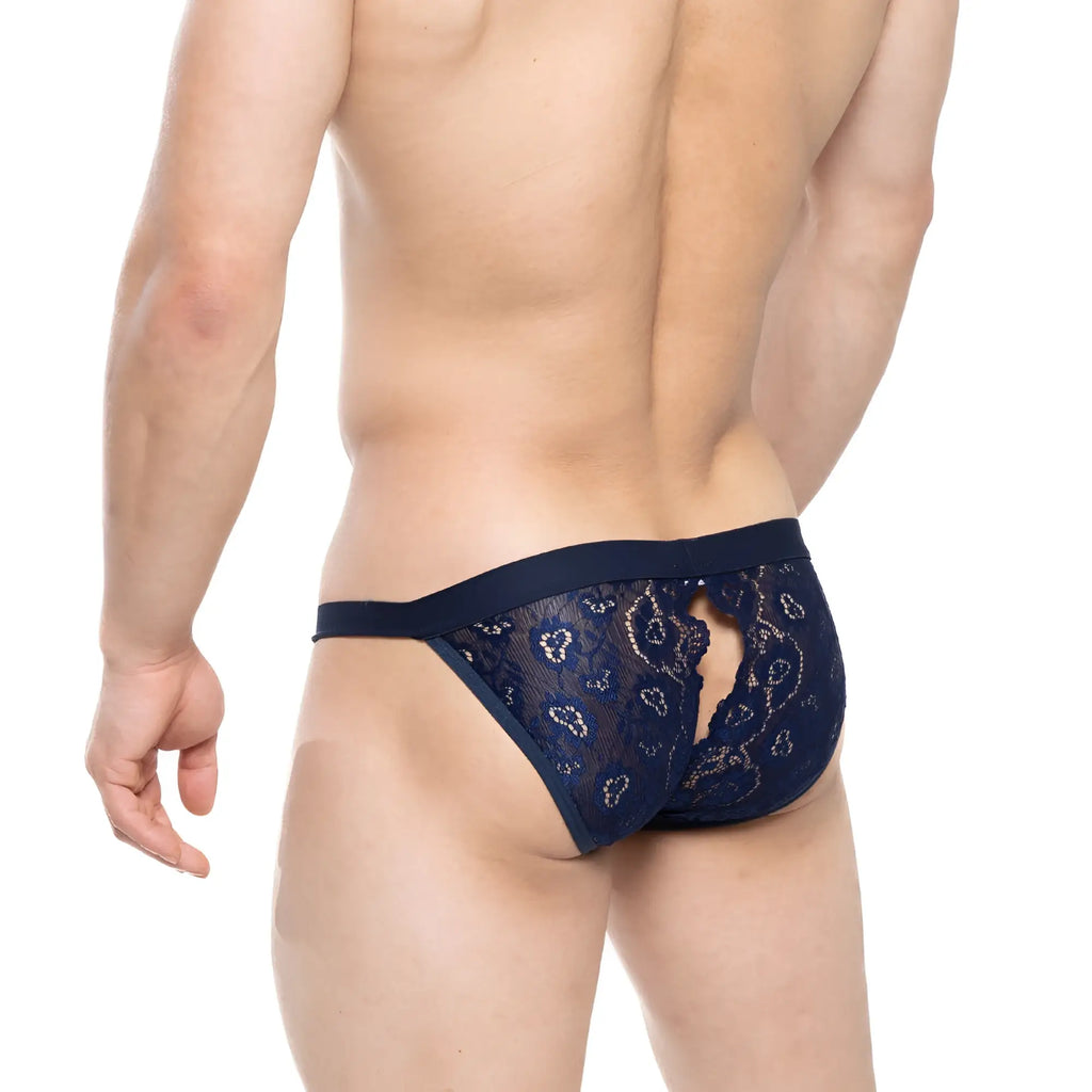 Navymale wear peek-a-boo bikini navy lace thong with intricate paisley pattern and central cutout detail