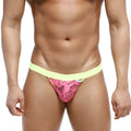 Bright pink lace thong bikini with neon yellow waistband from MetroMaleWear peek-a-boo bikini collection