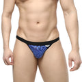 Blue lace thong with black waistband from metromalewear peek-a-boo bikini royal 1204-18 front view
