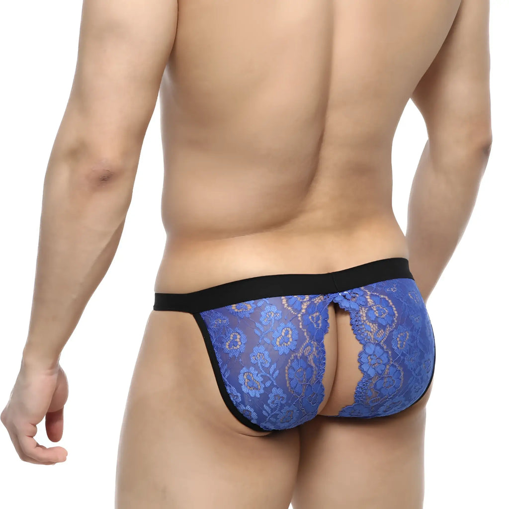 Blue lace thong bikini with black elastic waistband and side trim from metromalewear peek-a-boo bikini royal 1204-18