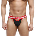 MetroMaleWear Peek-A-Boo thong briefs in black and red with bold contrasting design and breathable fabric