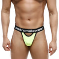 Bright neon yellow metro male wear peek-a-boo thong with black waistband and white logo on the front
