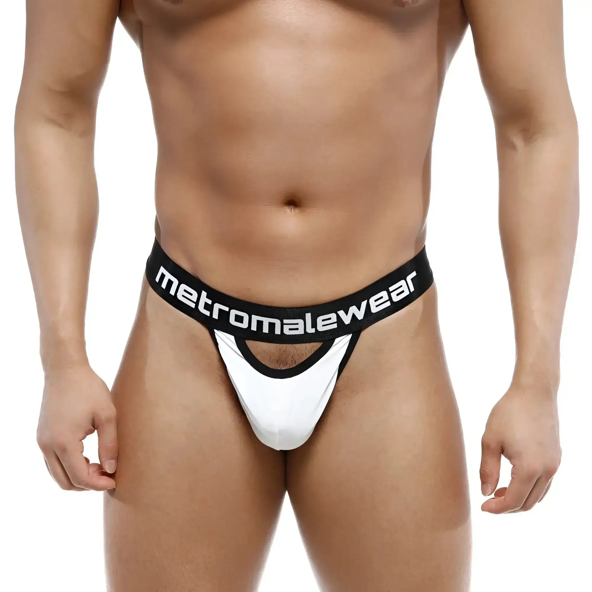 MetroMaleWear peek-a-boo thong white 2232-00 with bold white and black contrasting design, front view