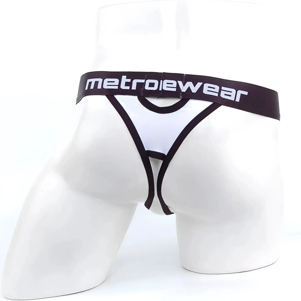 MetroMaleWear peek-a-boo white and black metrowear thong with bold contrasting design shown from the back side