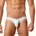 Metro male wear perfect scene askin bikini briefs in white textured fabric with subtle stripes and red brand tag