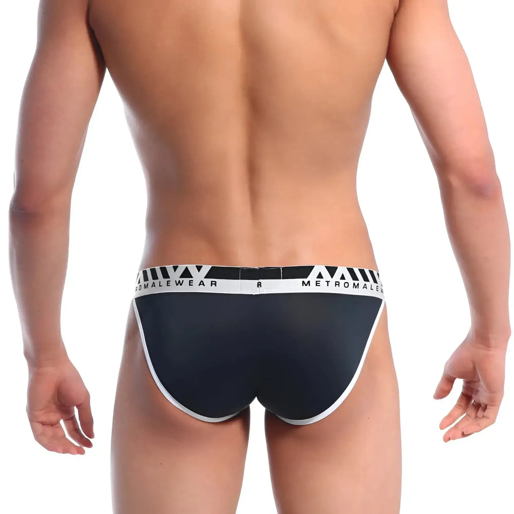 Black and white MetroMaleWear Perfect Scene bikini briefs with a sleek form-fitting design and comfortable fabric
