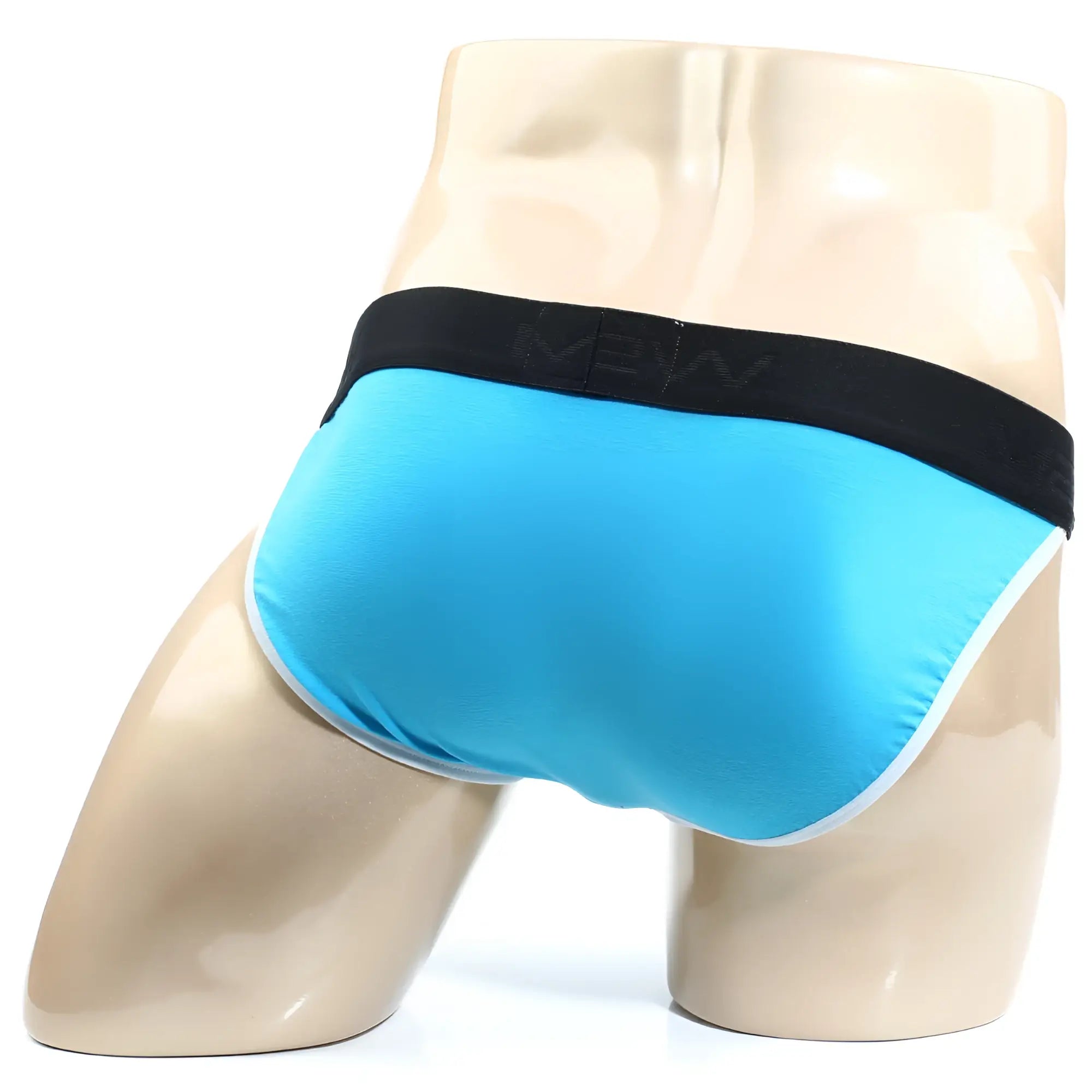 Bright blue metro male wear perfect scene bikini briefs with black mew waistband and white trim along leg openings