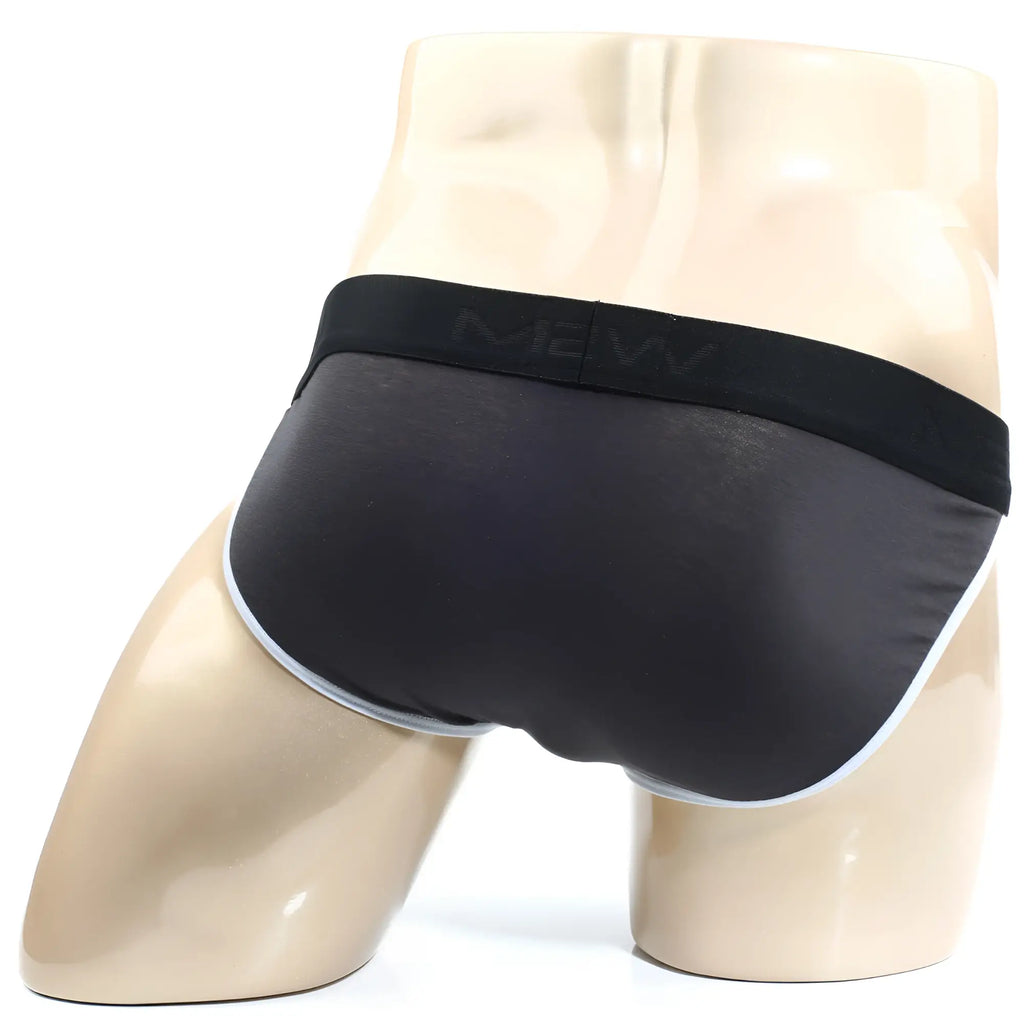 Black men’s briefs with white trim and mew logo waistband from MetroMaleWear Perfect Scene Bikini Twilight 1004-11