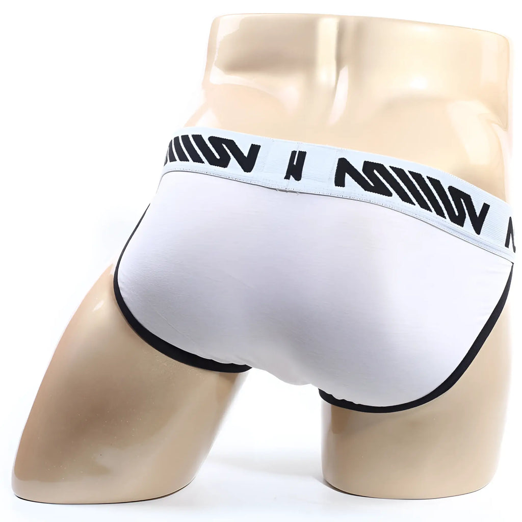 MetroMaleWear perfect scene bikini white men’s briefs with black trim and branded waistband in front view