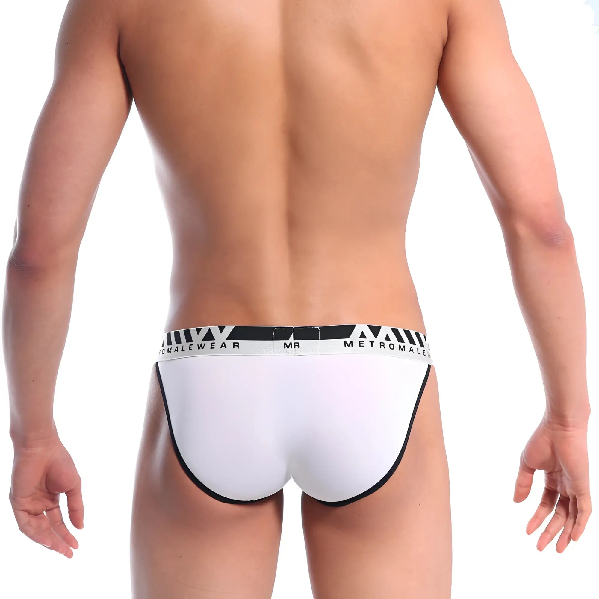 White briefs with black trim and metromale branded waistband metro malewear perfect scene bikini white 1004c-00