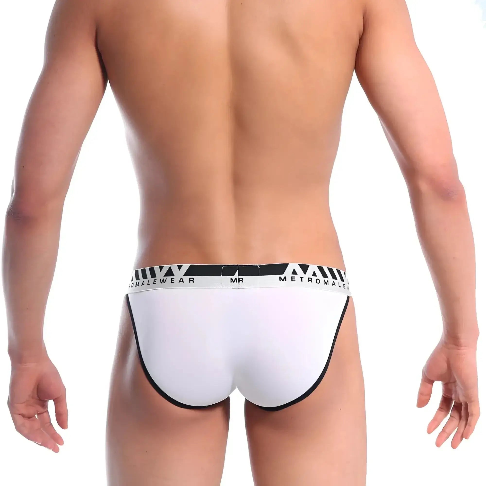 White briefs with black trim and metromale branded waistband metro malewear perfect scene bikini white 1004c-00