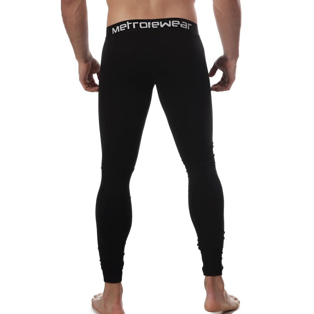 Black metrowear cotton leggings with snug fit and white logo on waistband perfect for long john style wear
