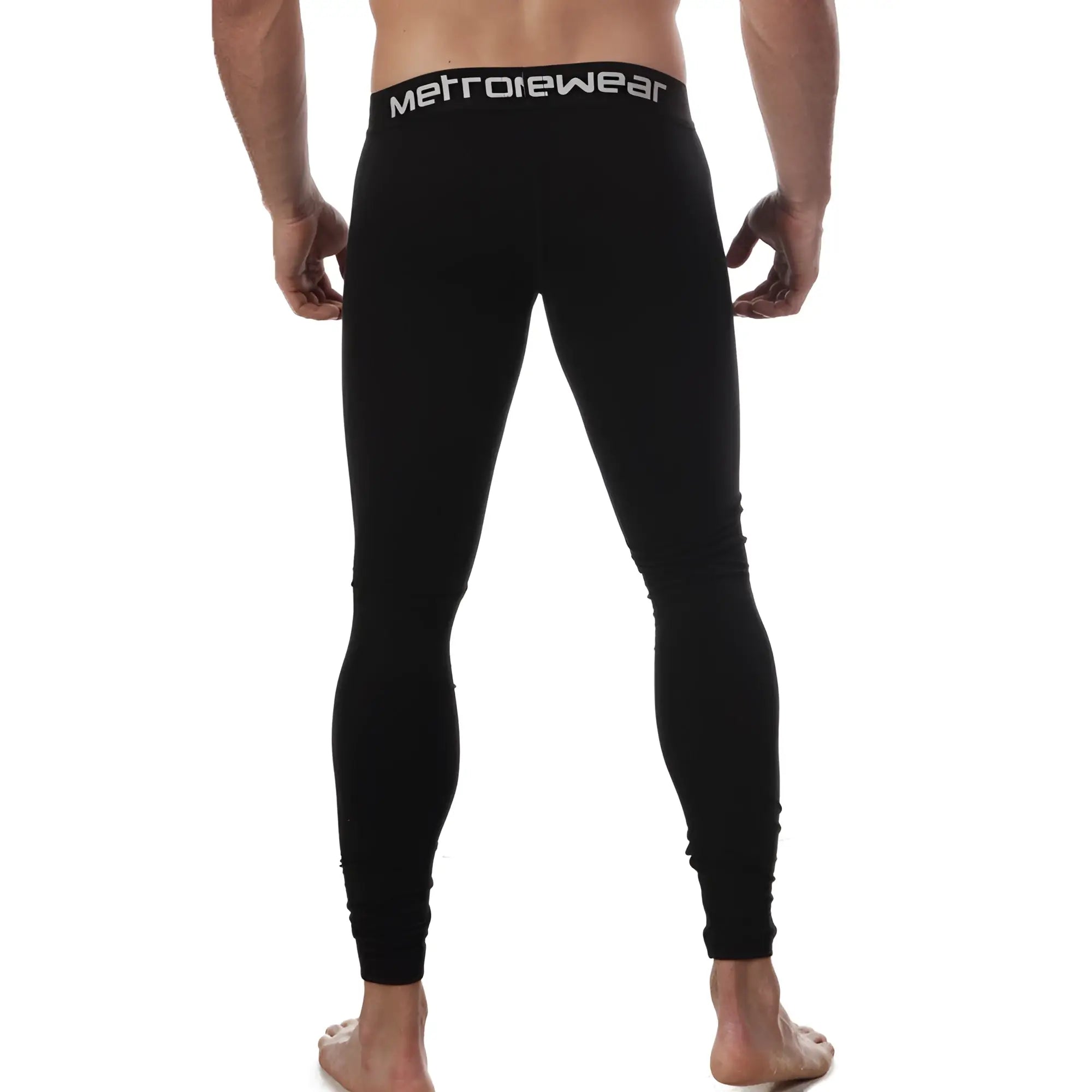 Black metrowear cotton leggings with snug fit and white logo on waistband perfect for long john style wear
