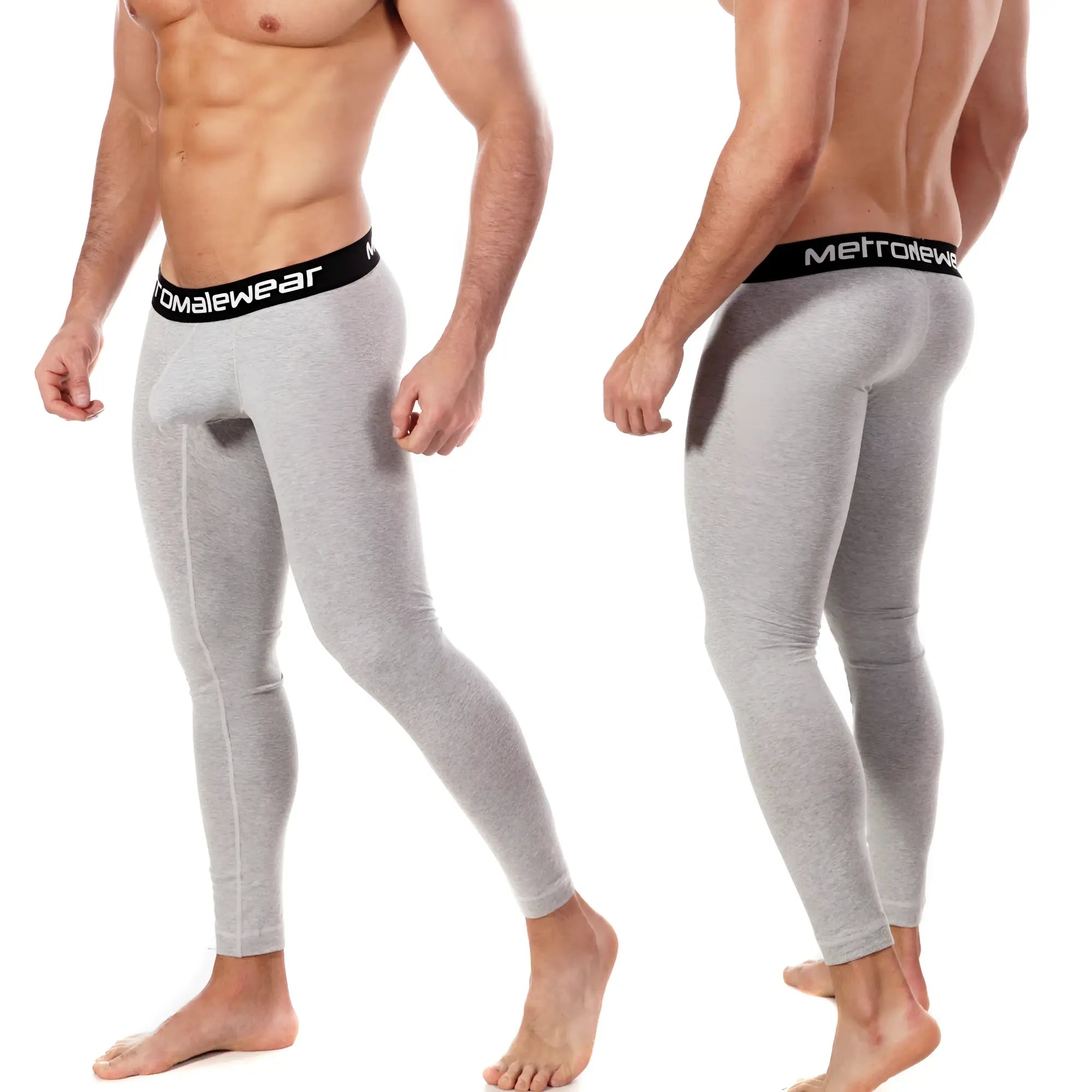 Gray heathered metro male wear cotton long john compression tights with black elastic waistband and white logo