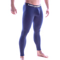 Navy blue cotton stretch leggings with a black waistband and white metromale branding from MetroMaleWear