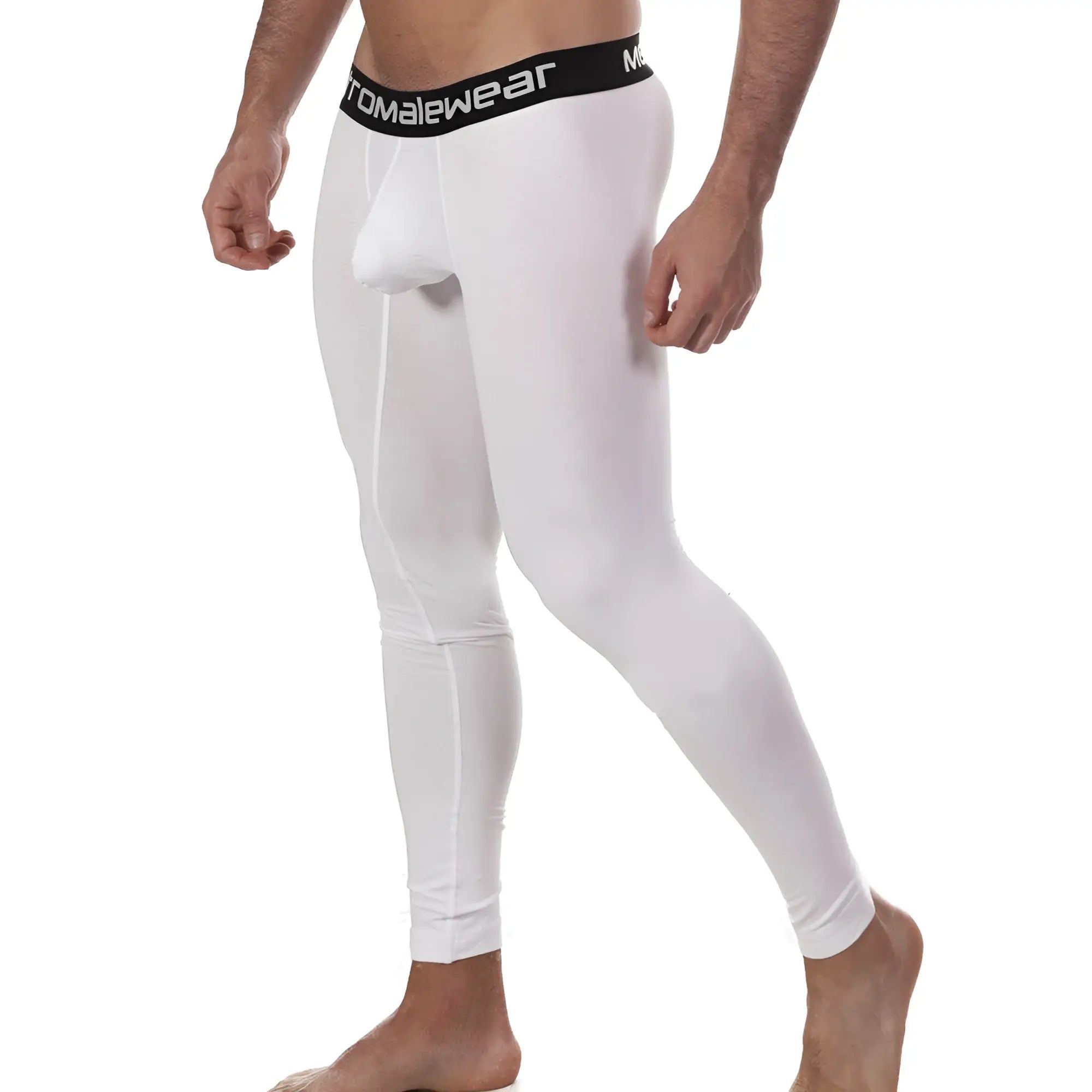 White tomalewear men’s cotton compression tights with black waistband and brand name metroMalewear perfect scene