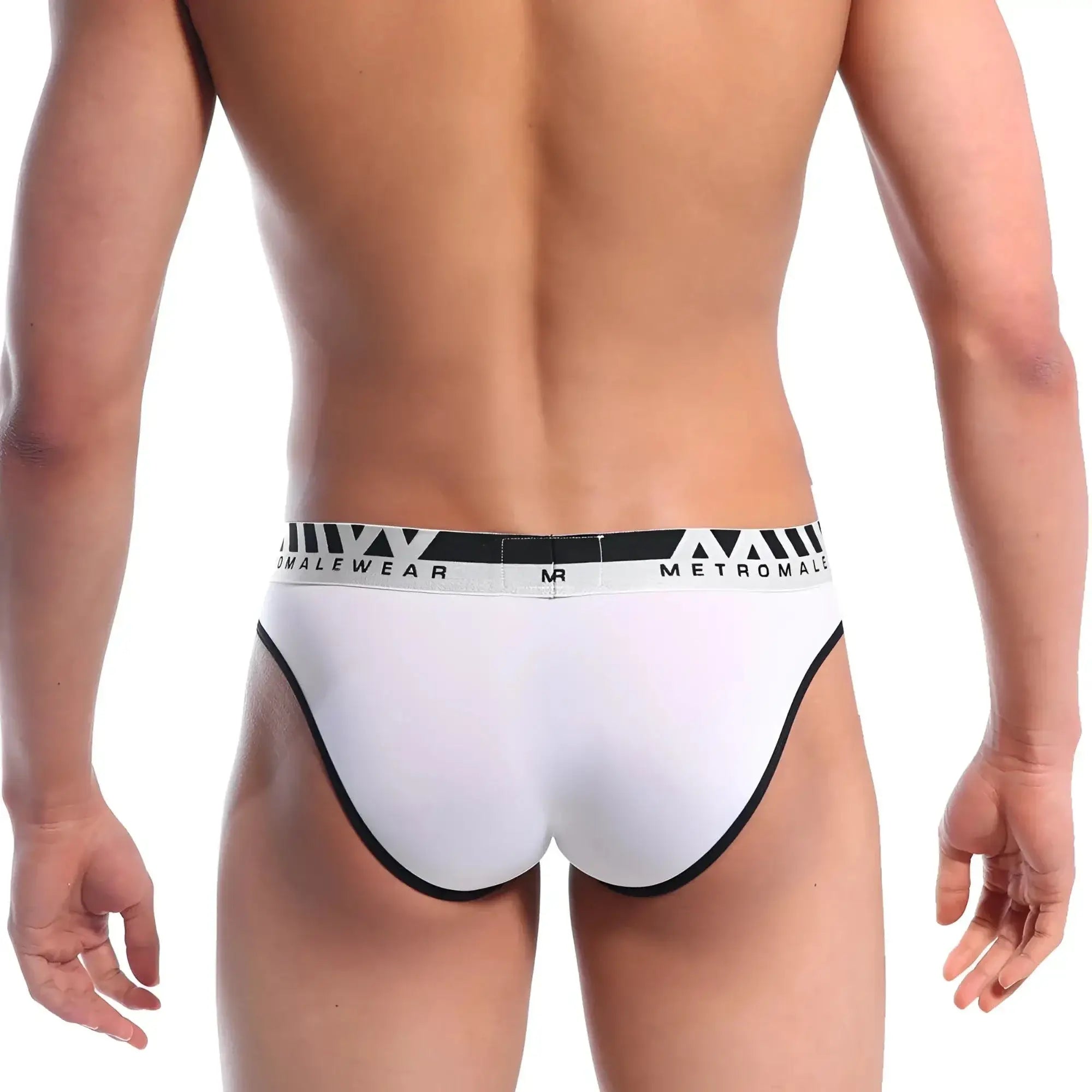 White MetroMaleWear perfect scene hip brief with black trim and branded waistband for men 1003C-00